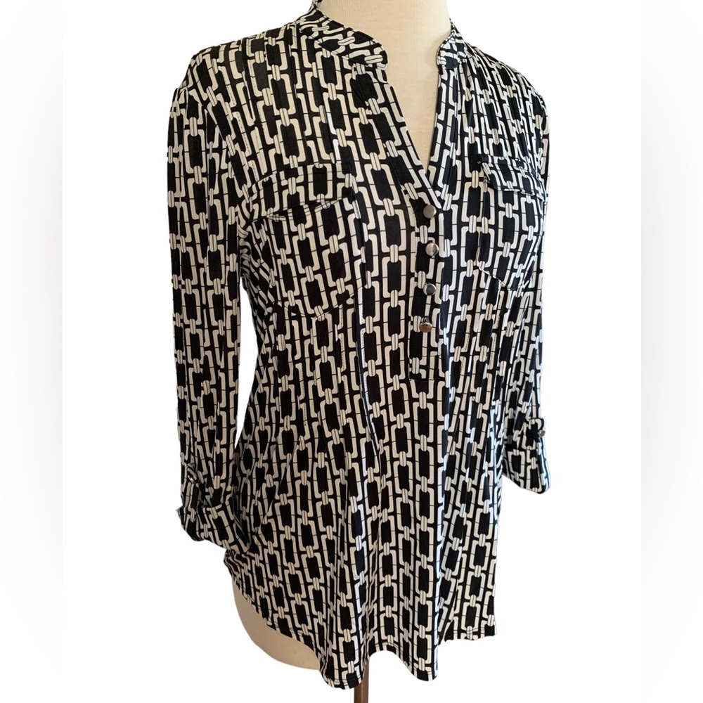 COCOMO XL Black White 3/4 sleeve women’s Pintuck Blouse tunic top shirt - Picture 8 of 15